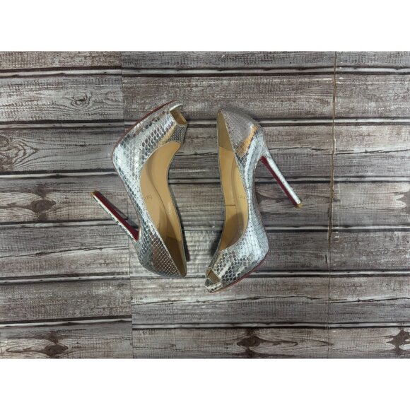 Christian Louboutin Lady Peep python snakeskin silver metallic hells shoes sz 36 - Picture 5 of 9